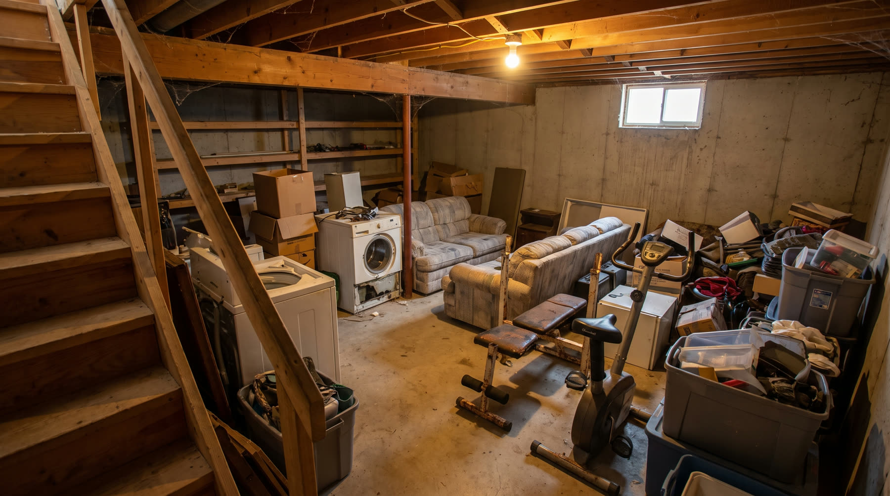 Basement before cleanout — full of stored junk