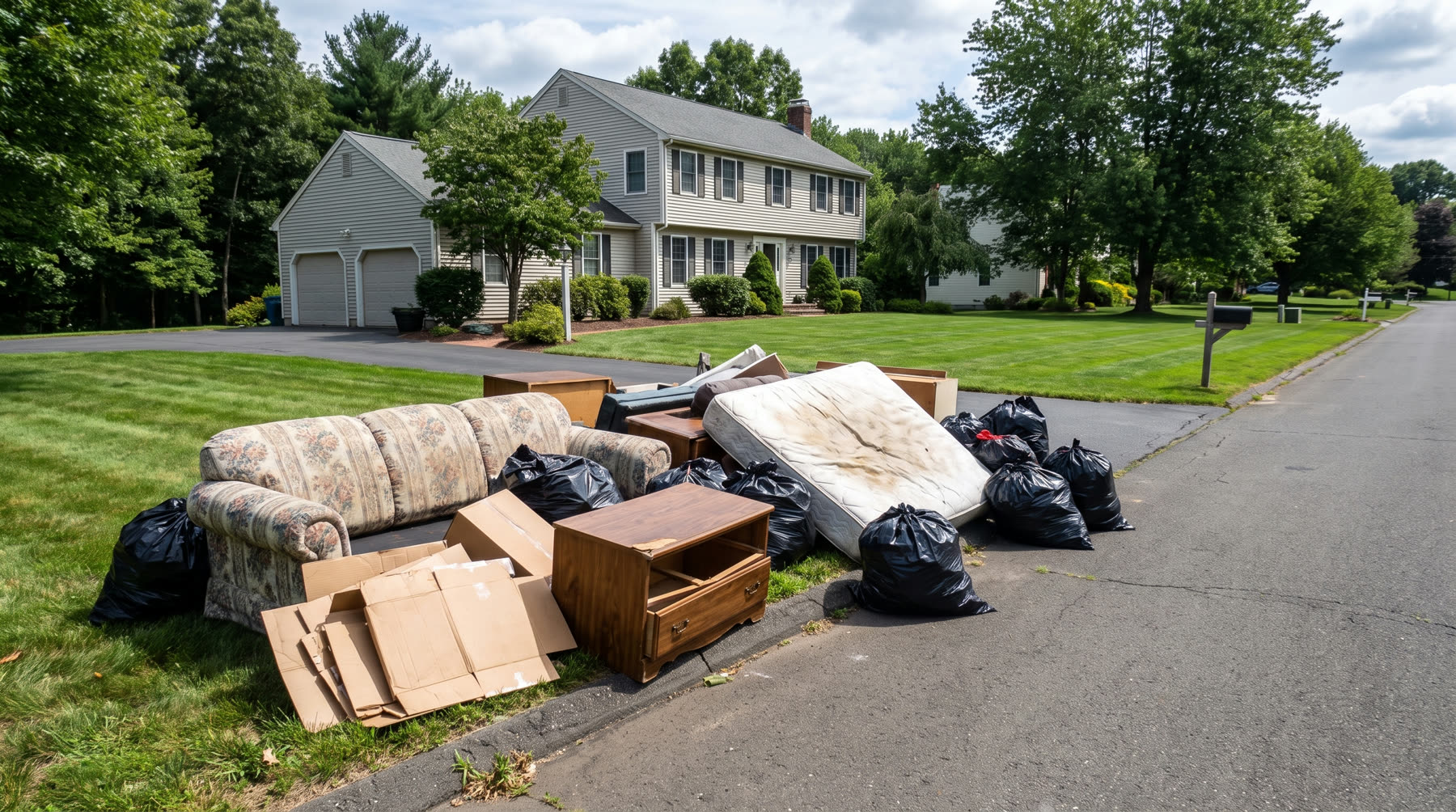 Curbside junk pile before a One Call pickup, Fairfield County CT