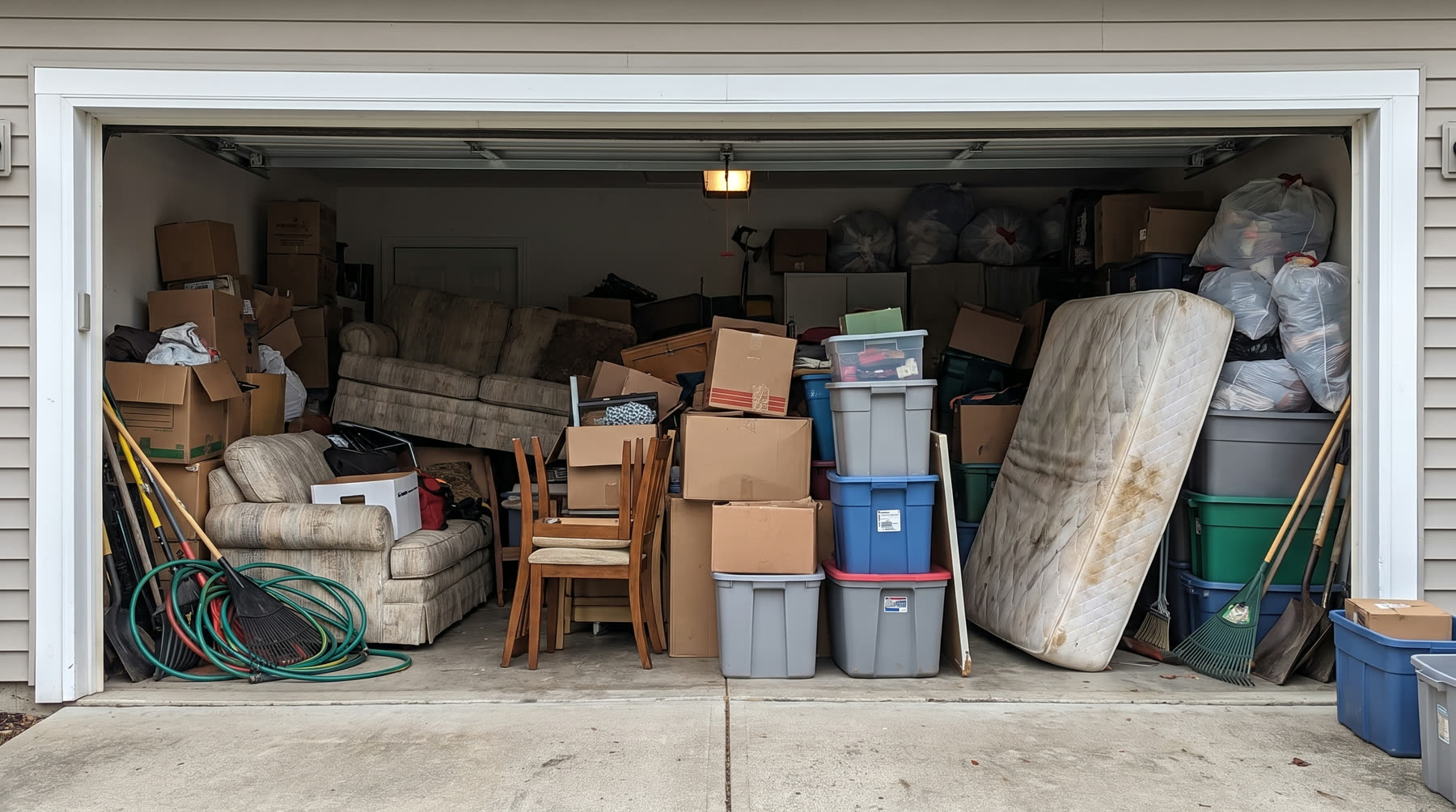 Garage before cleanout — packed with clutter